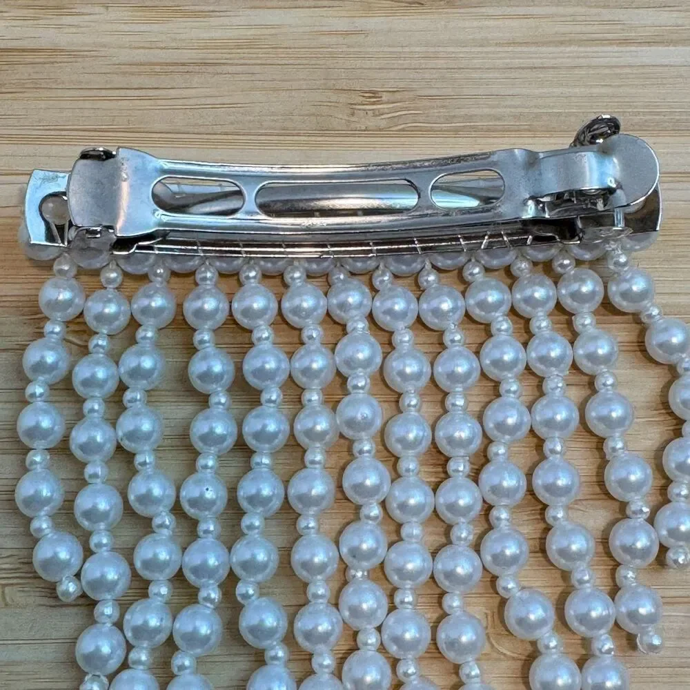 Pearl Fringe Hair Barrette White Faux Pearl Beaded Dangle French Clip Bridal